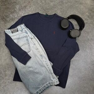 Polo Ralph Lauren Long Sleeve Shirt Navy‎ Blue Embroidered Logo Tee